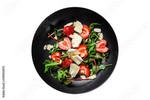Healthy delicious salad with Camembert, strawberries, nuts, chard and arugula. Isolated, transparent background