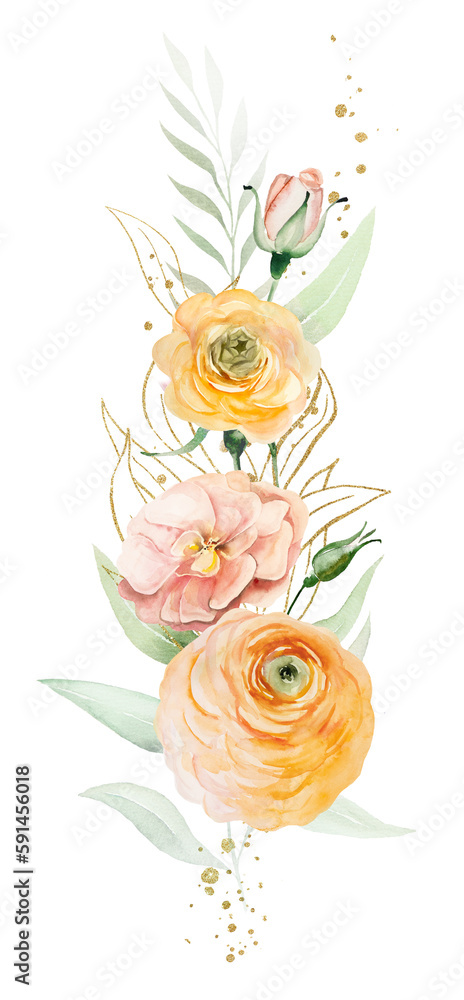 Bouquet made of orange and yellow watercolor flowers and green leaves, isolated wedding illustration