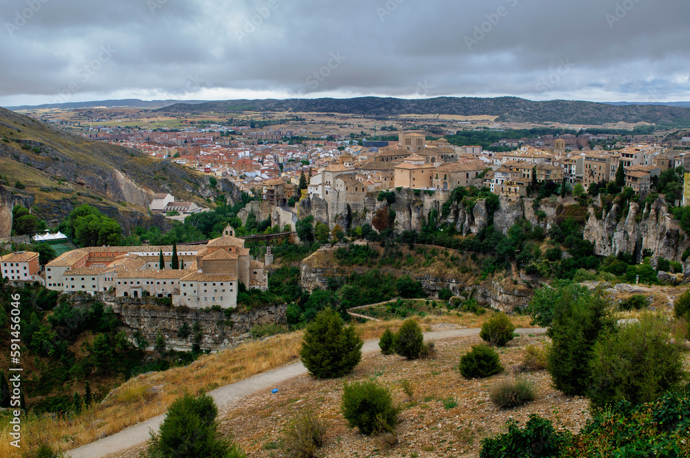 Panoramic view of the medieval city of Cuenca, Spain, with a canyon crossing the city