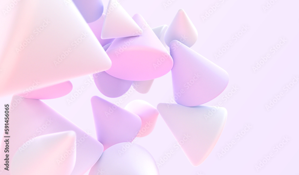 Abstract background with geometric shapes 3d render. Holographic cones with matte gradient texture, colorful composition of flying pink purple pyramids or triangles, dynamic wallpaper. 3D Illustration
