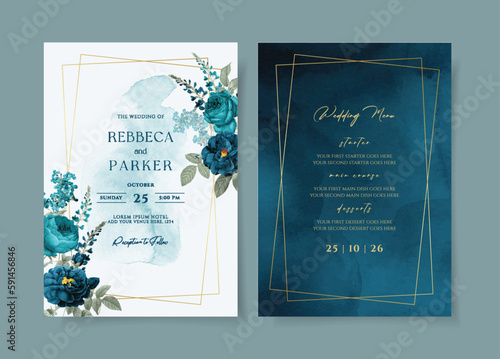 Watercolor wedding invitation template set with romantic teal navy floral and leaves decoration