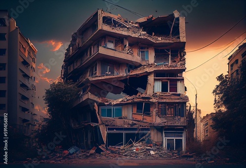 Fototapete A destroyed multi-storey building is a residential building in Turkey or Syria