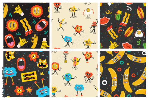 Colorful funny happy face label seamless pattern set. Collection of trendy retro sticker cartoon backgrounds. Weird comic character art wallpaper