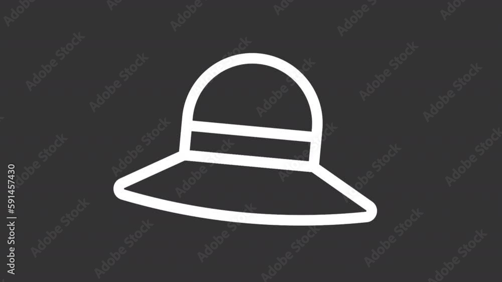 Animated hat white line icon. Female head wear. Sun protection. Summertime. Loop HD video with chroma key, alpha channel on transparent background, black solid background. Outline graphic animation Animated hat white line icon. Female head wear. Sun protection. Summertime. Loop HD video with chroma key, alpha channel on transparent background, black solid background. Outline graphic animation