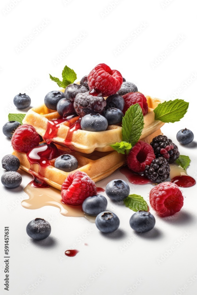 Belgian waffles with raspberries and blueberries, mint and syrup. Generative AI Belgian waffles with raspberries and blueberries, mint and syrup. Generative AI