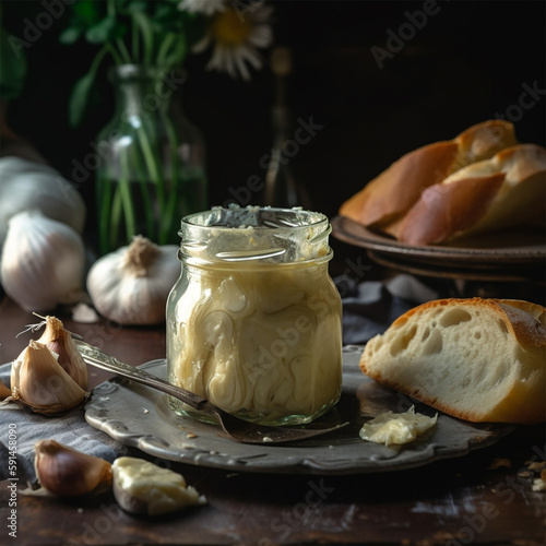 A jar of garlic butter sits on a table Generative AI photo