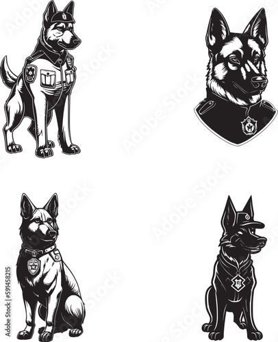 Police officer german shepard full body, cartoon simple sports logo graphic, black on white background
