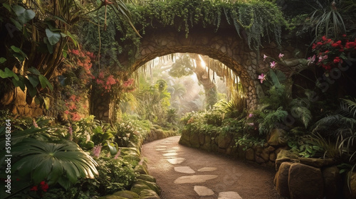 A stunning hidden fairy tale garden adorned with flower arches and a gorgeous tropical rainforest filled with vibrant foliage. Generative AI