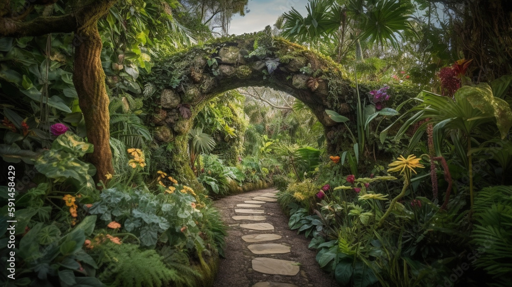 Fototapeta premium A stunning hidden fairy tale garden adorned with flower arches and a gorgeous tropical rainforest filled with vibrant foliage. Generative AI