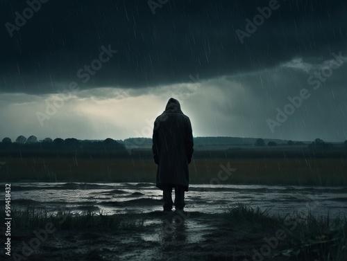 A solitary figure standing in the rain