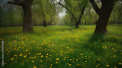 A green, lush, sprawling, warm, fresh meadow is scattered with yellow, bright dandelions, creating a delicate, beautiful carpet. Huge, delicate petals reach for the sky, reminding Generative AI
