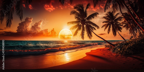 Sunset beach. Created with generative Ai technology.