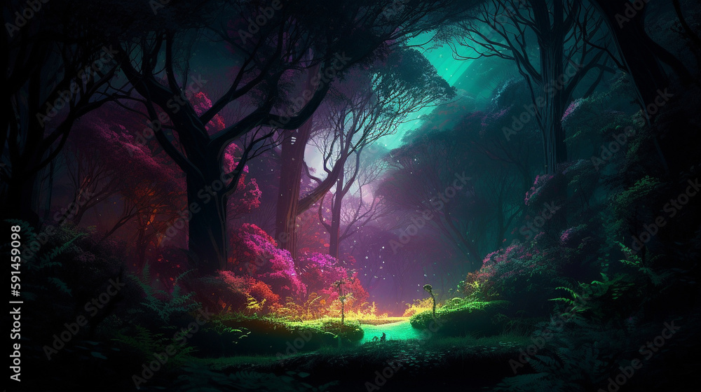 A very beautiful, mysterious, night forest is surrounded by a magical aura and illuminated by bright light, creating a stunning and mesmerizing view. Tall, amazing trees and beauti Generative AI