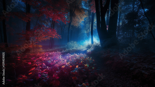 A fairy-tale beautiful  mysterious  night forest is surrounded by a magical aura and filled with unusual light. Tall  amazing trees are illuminated by a delicate  moonlight glow  c Generative AI