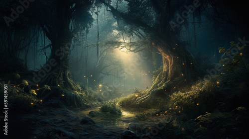 A very beautiful, mysterious, night forest is surrounded by a magical aura and illuminated by bright light, creating a stunning and mesmerizing view. Tall, amazing trees and beauti Generative AI