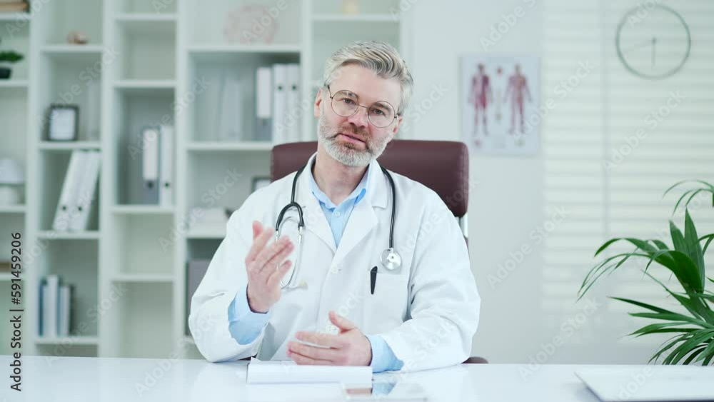 Webcam view. A mature doctor is talking on a video call using a laptop in a hospital clinic. Male medical worker physician has an online consultation with a patient looking at the camera in a office Webcam view. A mature doctor is talking on a video call using a laptop in a hospital clinic. Male medical worker physician has an online consultation with a patient looking at the camera in a office