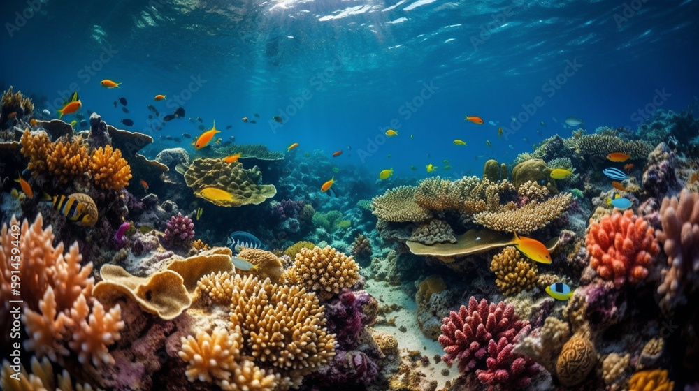 Generate a very beautiful description of the ocean floor with clear water, exotic marine life, and corals in 200 words. Only leave nouns and adjectives, and separate the words with Generative AI