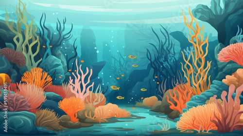 Generate a very beautiful description of the ocean floor with clear water  exotic marine life  and corals in 200 words. Only leave nouns and adjectives  and separate the words with Generative AI
