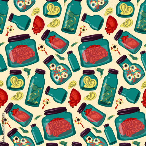 A pattern of organs and samples stored in glass jars. The jars contain human ears, eyes, brains, heart, fingers from zombies. The witch's supplies. Print on textiles and gift wrapping for Halloween
