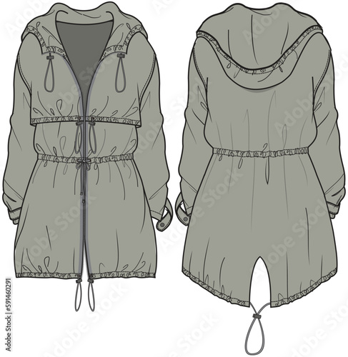 Winter Anorak Jacket, Parka Jacket Front and Back View. Fashion Illustration, Vector, CAD, Technical Drawing, Flat Drawing, Template, Mockup.	
