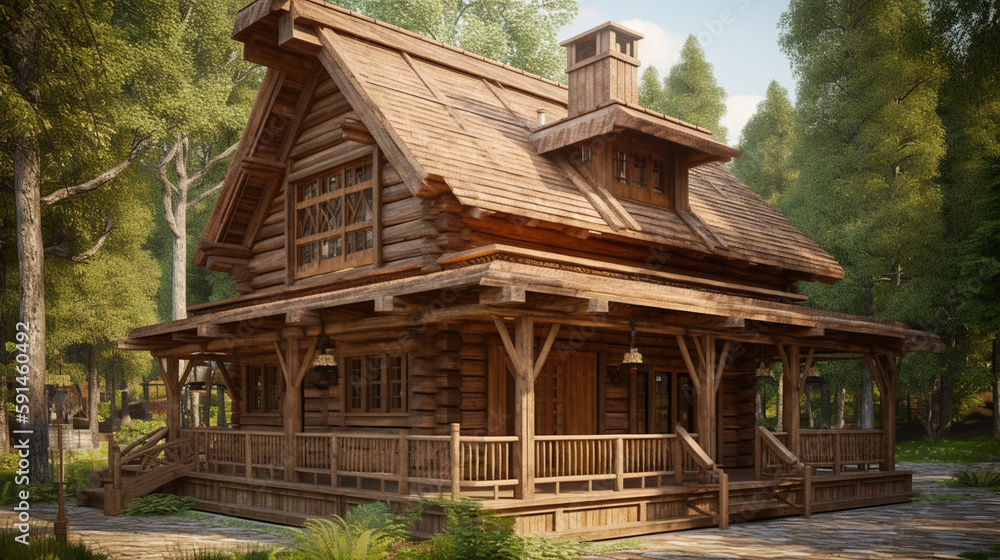 Generate a description of a beautiful wooden structure in a rustic style with a beautiful wooden background. Generate a description of a beautiful wooden structure in a rustic style with a beautiful wooden background.