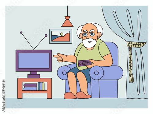 Elderly man watches TV at home. Funny grandfather character in home interior cartoon style. Vector color illustration.