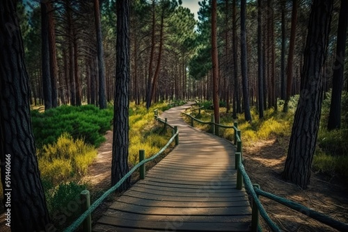 serene wooden pathway surrounded by lush greenery in a forest. Generative AI