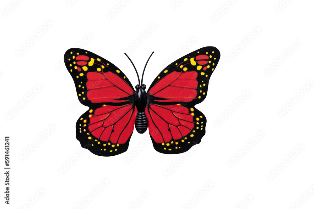 Red butterfly isolated on transparent background top view. Red butterfly with yellow spots as an element for design. Red butterfly isolated on transparent background top view. Red butterfly with yellow spots as an element for design.