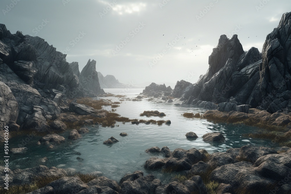 A minimalist landscape with a rocky or craggy coastline, Generative AI