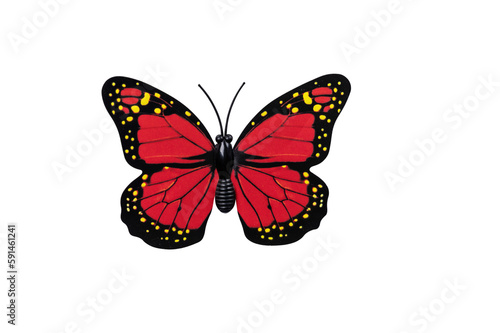 Red butterfly isolated on transparent background top view. Red butterfly with yellow spots as an element for design.