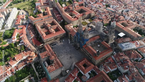 Aerial View Cathedral and City Square of Santiago De Compostela Galicia Spain