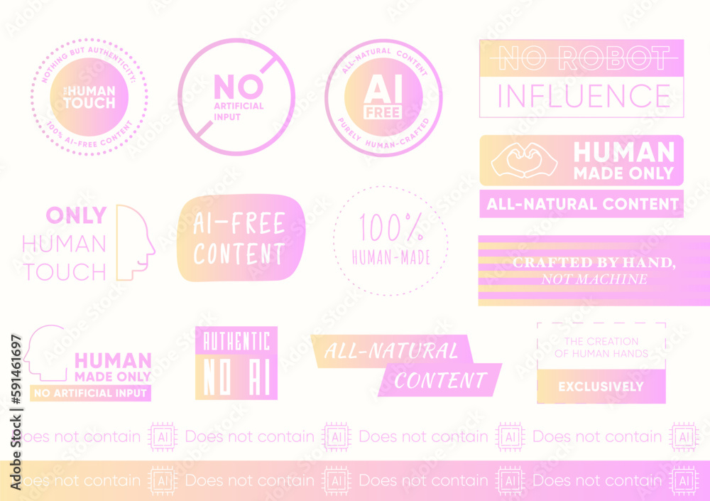 Ai free icons. Non neural network label set. No artificial intelligence design elements for tags, labels, stickers, marks, stamps, logo, signs symbols and emblems. Vector isolated illustration set. Ai free icons. Non neural network label set. No artificial intelligence design elements for tags, labels, stickers, marks, stamps, logo, signs symbols and emblems. Vector isolated illustration set.