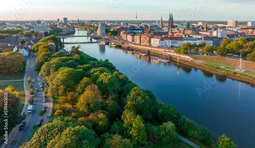 Bremen, Germany. Aerial View on Historical Center of Bremen, Marktplatz at Sunrise.