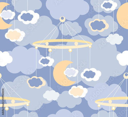Vector seamless pattern baby toy, decoration for newborn baby crib. Mobile with pendants of the moon and clouds. Design for printing on textiles, paper, packaging, wallpaper.