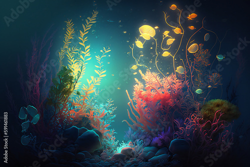 An underwater scene with a fish swimming in the water Generative AI