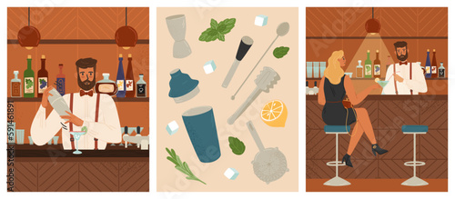 Single blond woman sitting at bar counter drinking cocktail. Vector posters set. Bartender mix cocktail in shaker. Pub interior and bar accessories, shaker, strainer, drink glass