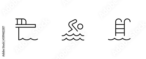 Swimming icon pool icon, vector editable stroke outline icon isolated on white background flat vector illustration.