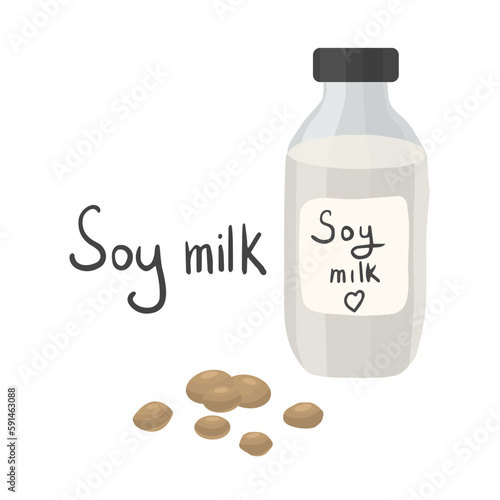 Vector set on the topic of lactose intolerance. The collection consists of a bottle with soy milk, the text "Soy milk" and soybeans