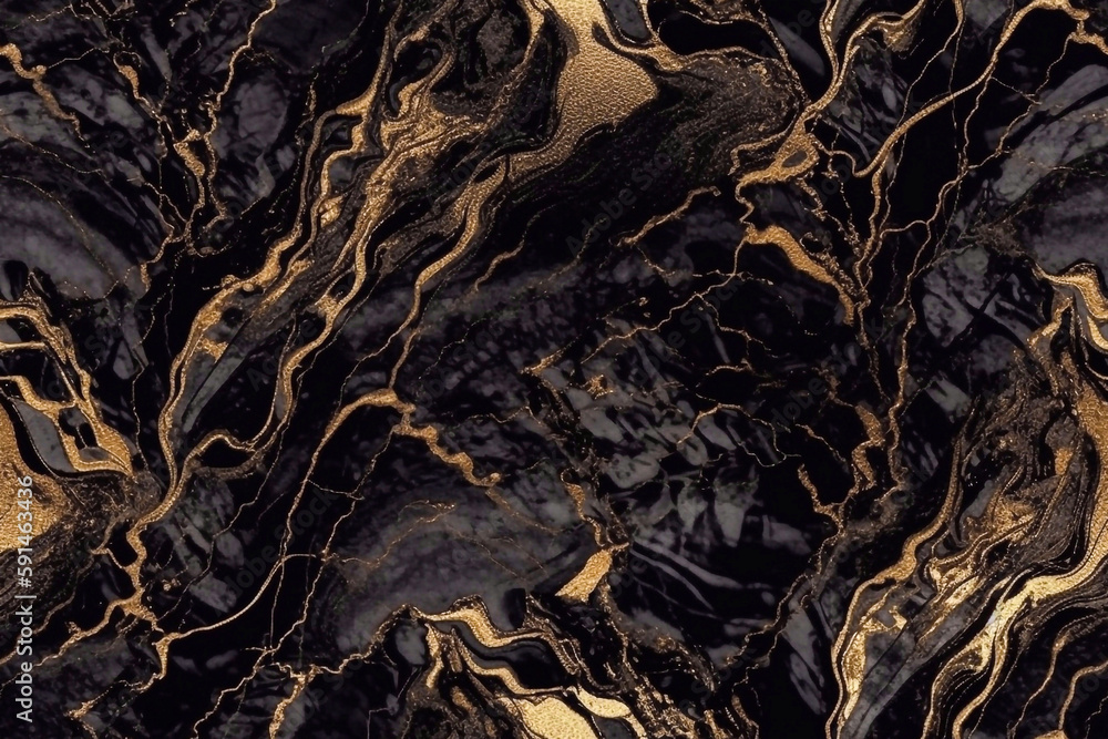 Abstract black and gold marble seamless texture background. Luxury ceramic stone 3d illustration with gold. AI Generated 