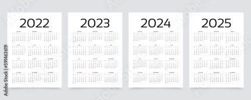2023, 2024, 2025 years calendar. Week starts Monday. Simple calender layout. Desk planner template with 12 months. Yearly diary. Organizer in English. Pocket or wall formats. Vector illustration.