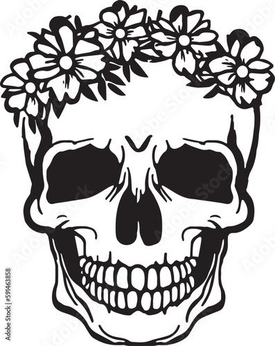 Skull with flowers, Human skull with floral wreath, Vector illustration isolated on white background, SVG