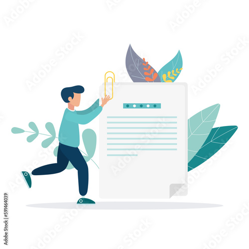 A person putting a paperclip on a document. the concept of a file attached to an email or attached to an email, sending a letter. Flat vector illustration for poster, banner.
