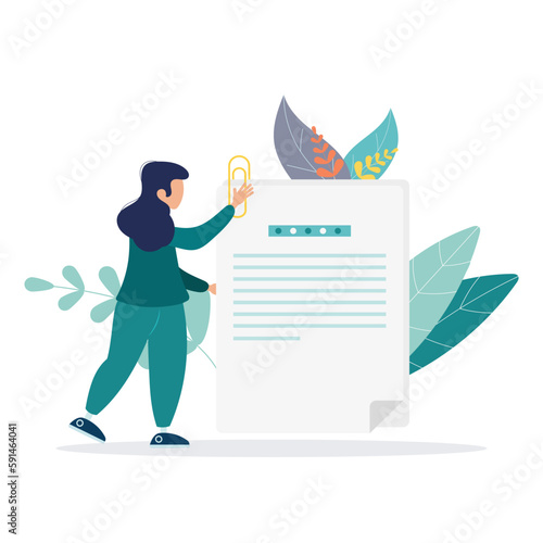 A woman puts a paperclip on a document. The concept of a file attached to an email or attached to an email, sending a letter. Flat vector illustration for poster, banner.

