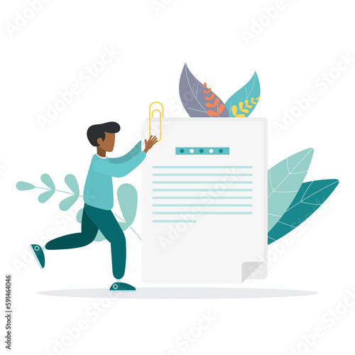 A person putting a paperclip on a document. the concept of a file attached to an email or attached to an email, sending a letter. Flat vector illustration for poster, banner.

