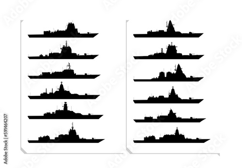 Warship silhouette set. Naval ship collection. Naval ships from the side view.