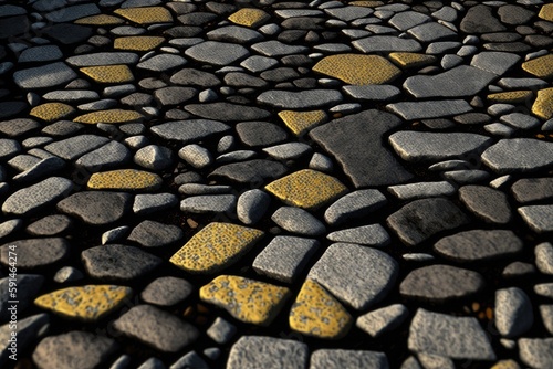close-up view of a historic cobblestone street with textured stones and vibrant colors. Generative AI
