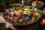A vibrant, fresh summer salad, featuring an assortment of colorful, seasonal vegetables and fruits, outdoor dining scene. Generative Ai