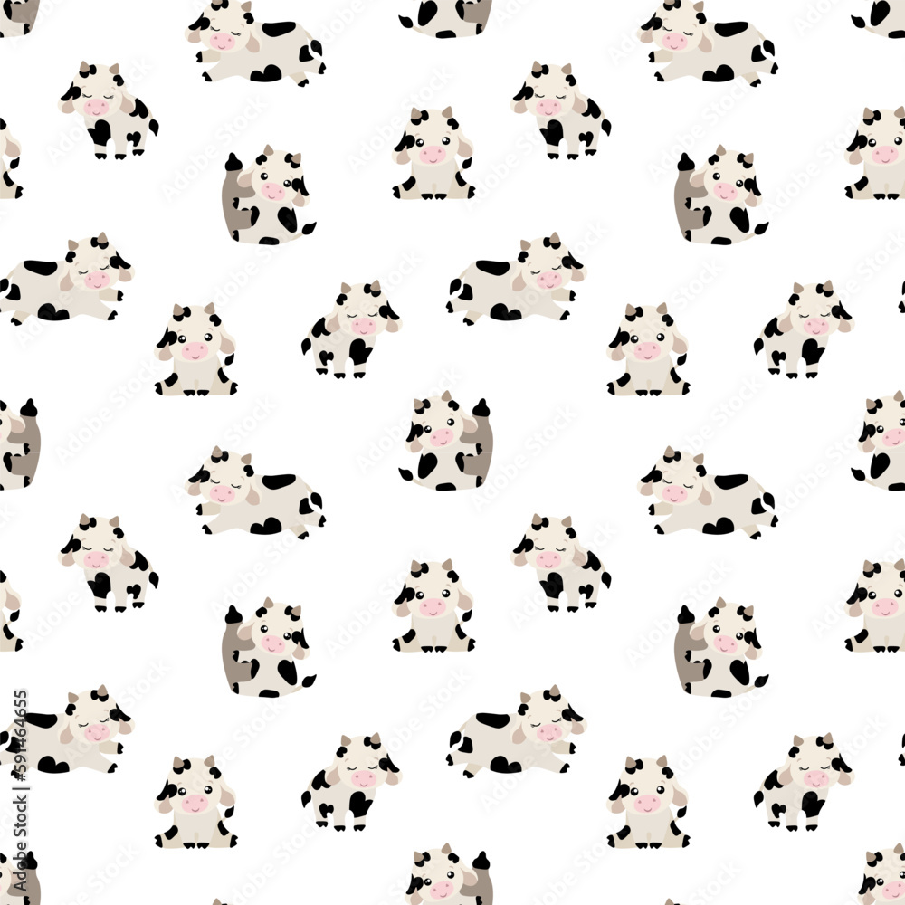 Black and white cute bull and cow seamless pattern on white background for fabric, textile, branding, invitations, scrapbooking, packaging
