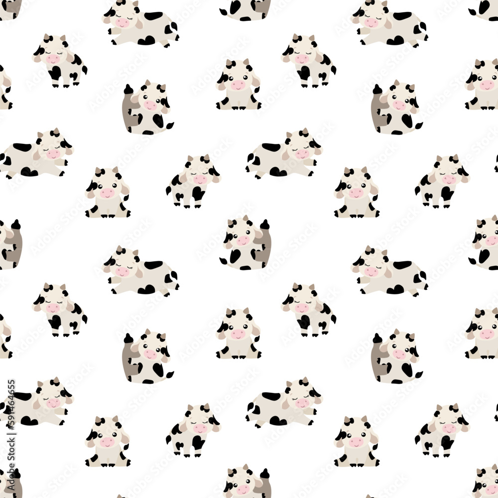 Obraz premium Black and white cute bull and cow seamless pattern on white background for fabric, textile, branding, invitations, scrapbooking, packaging