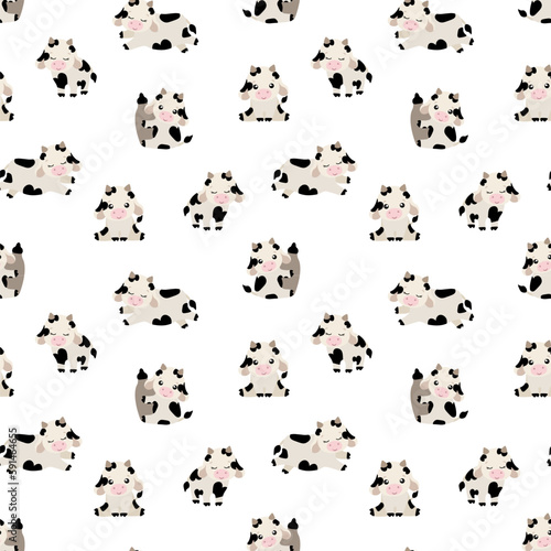 Fototapeta Naklejka Na Ścianę i Meble -  Black and white cute bull and cow seamless pattern on white background for fabric, textile, branding, invitations, scrapbooking, packaging